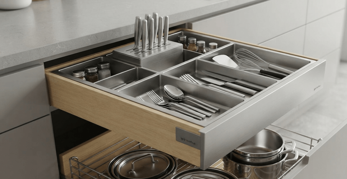 A detailed view of an open kitchen drawer featuring a high-grade stainless steel modular organizer by Ignis Veneficus, filled with cutlery, knives, spices, and utensils. Below it, a durable wire basket holds stacked stainless steel cookware, set within a modern, handle-less cabinet in an urban apartment kitchen.
