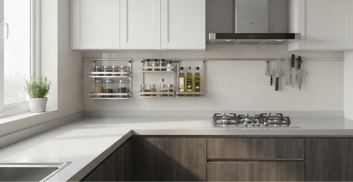 A modern, clutter-free small kitchen in Dhaka featuring vertical stainless steel racks and ceiling-height cabinets for maximum space optimization.
