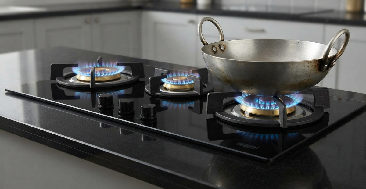Close-up of a premium 3-burner built-in gas hob with brass burners and cast iron supports on a quartz counter.