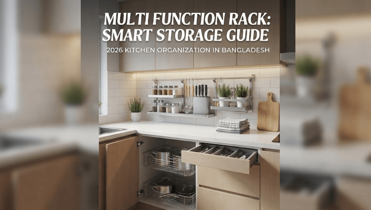 Modern kitchen in Bangladesh with wall rack, pull-out baskets, and storage guide text.