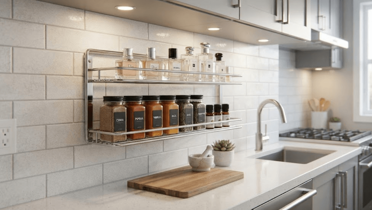 Sleek stainless steel perfume rack mounted on a modern kitchen tile backsplash, displaying organized essential oils and spice bottles.