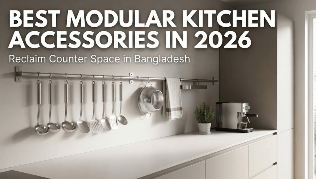 Modern Dhaka kitchen with stainless steel wall rack and hanging utensils.