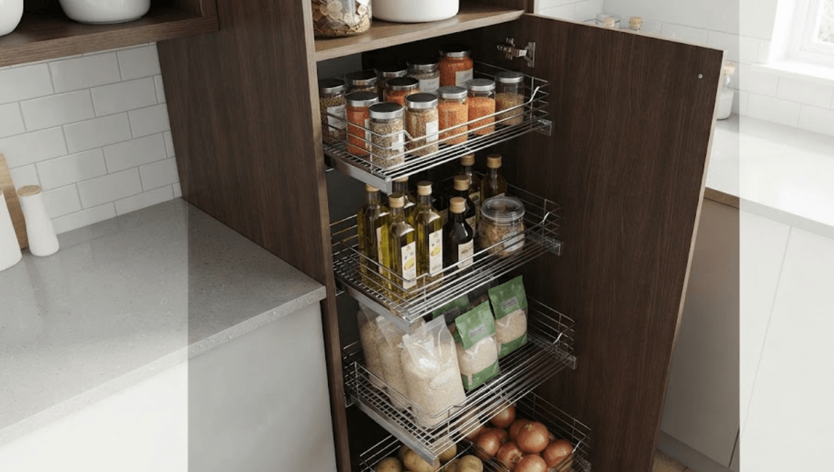 Modern kitchen pull-out cabinet unit with organized wire pantry baskets.
