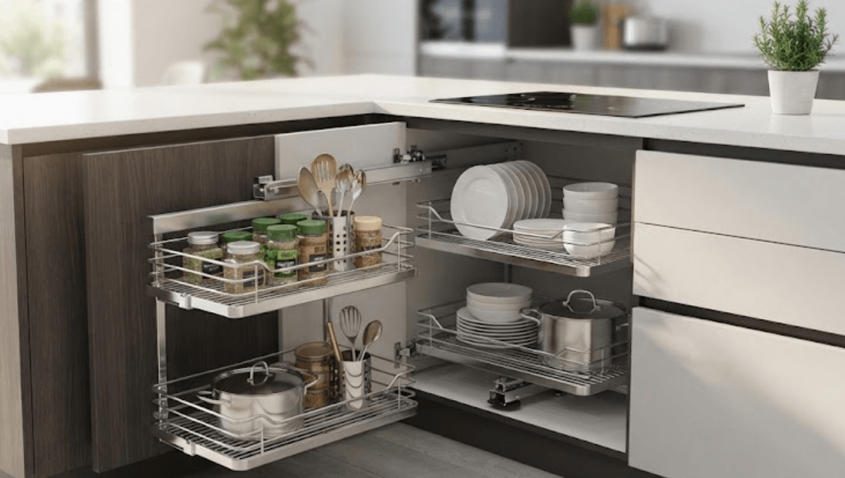 Magic Corner stainless steel organizer in a modern modular kitchen cabinet.