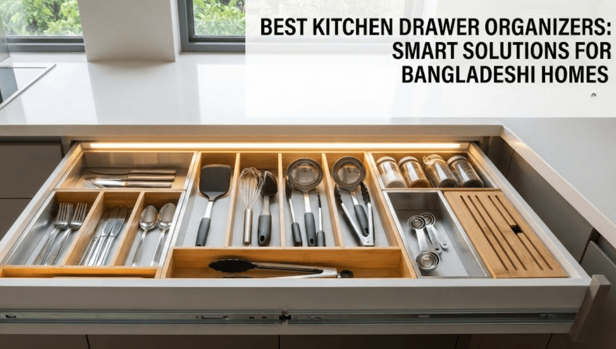 Organized kitchen drawer with modular steel and bamboo inserts in a modern home.