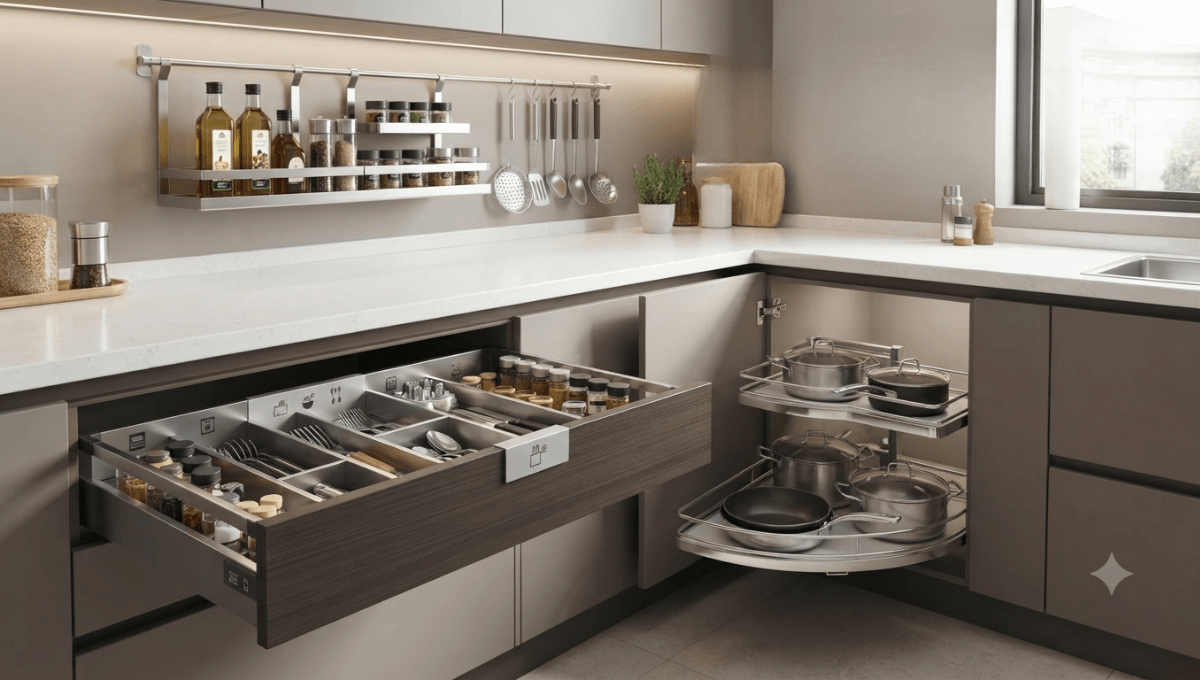 Modern kitchen cabinet organizer and stainless steel modular accessories in a well-organized Bangladeshi kitchen.