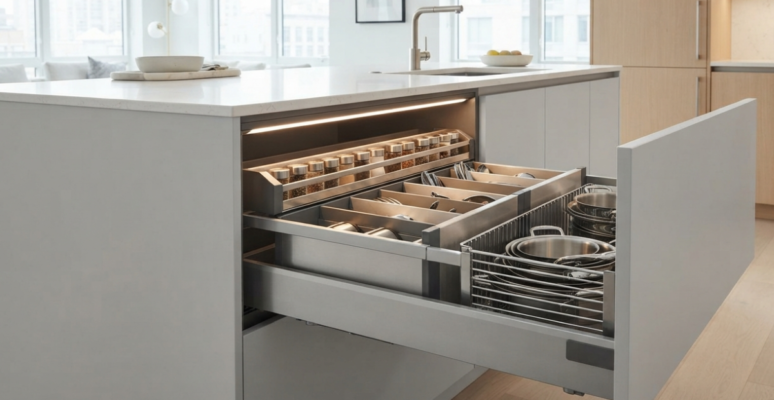 A technical cross-section diagram comparing a traditional fixed wooden shelf, showing 40% wasted space, with a modern kitchen cabinet rail system on full-extension soft-close runners.