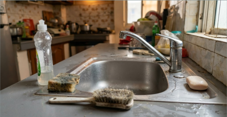 Cluttered kitchen sink area in a small Dhaka apartment with messy soap and sponges.