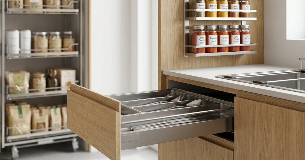A modern, efficient modular kitchen in a compact Dhaka apartment featuring stainless steel pull-out baskets