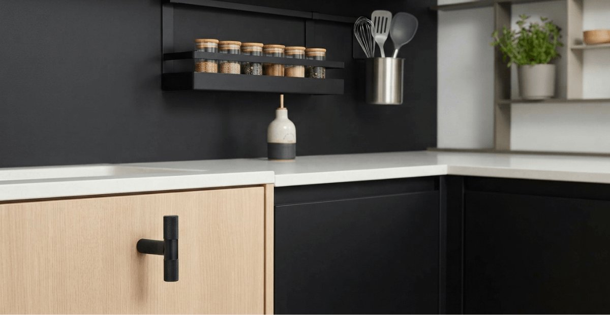 Close-up of a modern matte black cabinet knob and matching wall-mounted racks in a contemporary kitchen.