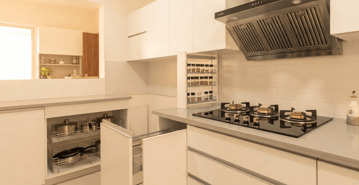 A split-screen comparison showing a cluttered, traditional kitchen in Bangladesh versus a sleek, organized modern kitchen featuring a built-in gas stove and chimney hood.