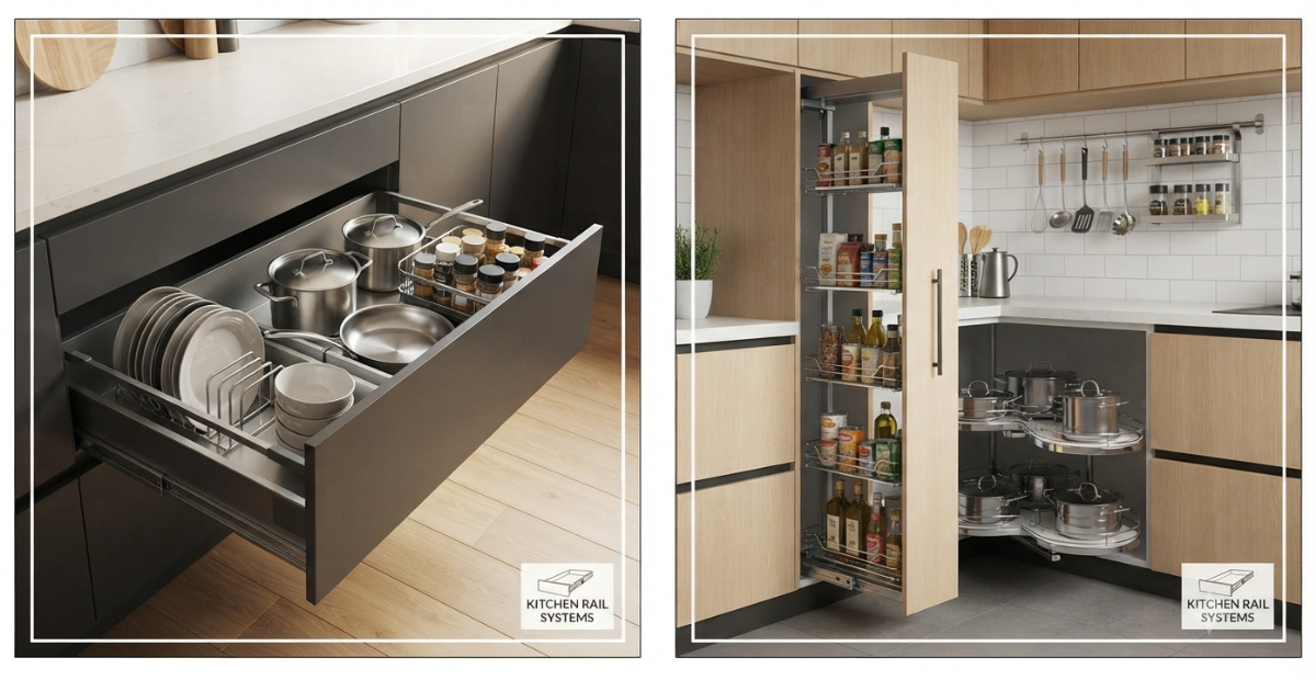 A modern, handleless kitchen island featuring a deep, fully extended drawer with built-in LED lighting and stainless steel organization for cookware and utensils.