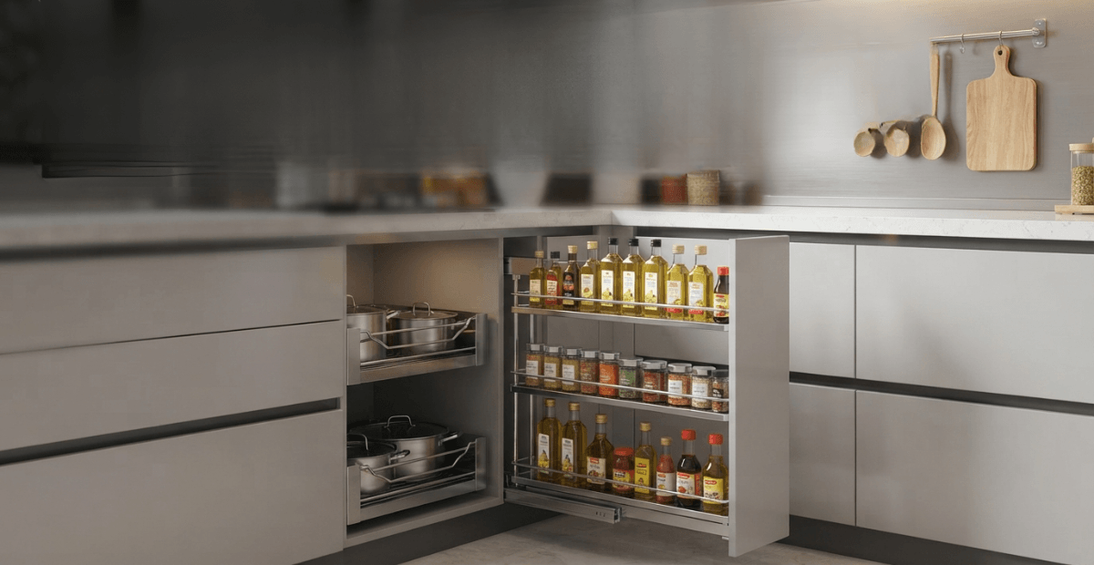 A modern kitchen in Dhaka featuring an extended stainless steel bottle pull-out system with organized spices and oils next to the stove.