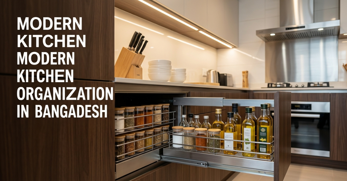 A functional small apartment kitchen in Dhaka utilizing wall-mounted spice racks, an over-the-sink dish drainer, and modular pull-out drawers for maximum organization.