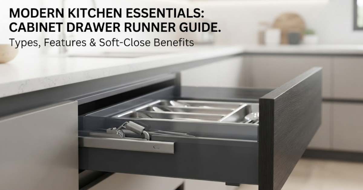 Detailed view of open modern kitchen drawer with soft-close runner and cutlery.