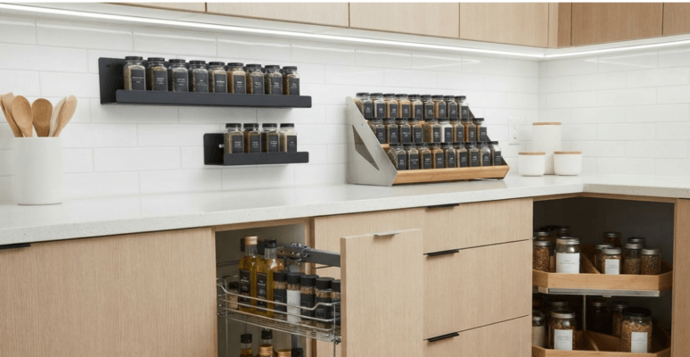 A professionally organized modern kitchen featuring various spice storage solutions, including black wall-mounted racks, a tiered countertop shelf, a pull-out cabinet basket for oils, and a blind corner carousel system.