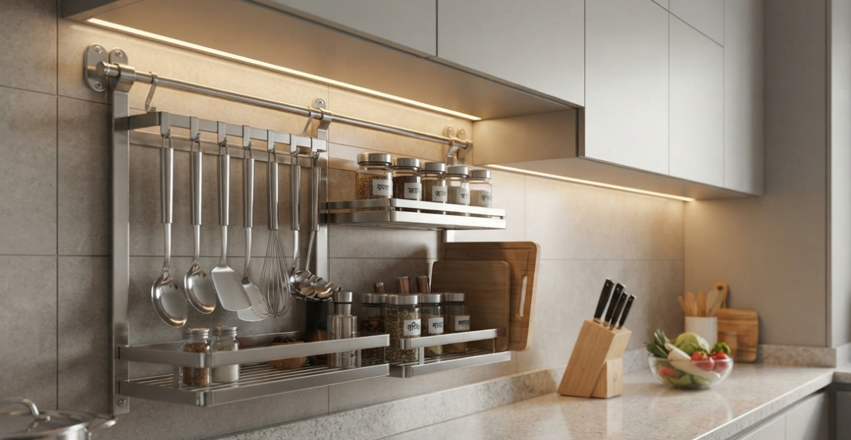 A sleek, modern modular kitchen in a Dhaka apartment featuring a stainless steel kitchen storage hanging rack holding utensils and spices above a clear countertop.