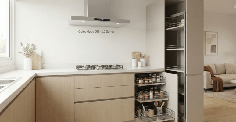 A modern, peaceful kitchen in a Bangladeshi apartment featuring a premium stainless steel quiet kitchen hood above a hob, alongside integrated modular storage, wooden cabinetry, and ample natural light.