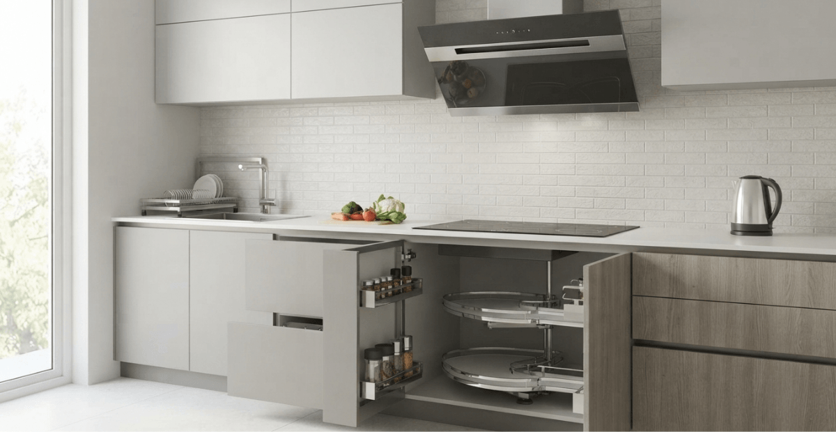 A modern, organized modular kitchen in Bangladesh featuring a sleek, quiet kitchen hood and smart stainless steel storage fittings.