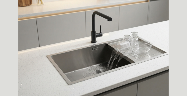 Integrated stainless steel kitchen sink drain board managing water flow in a modern Dhaka kitchen.