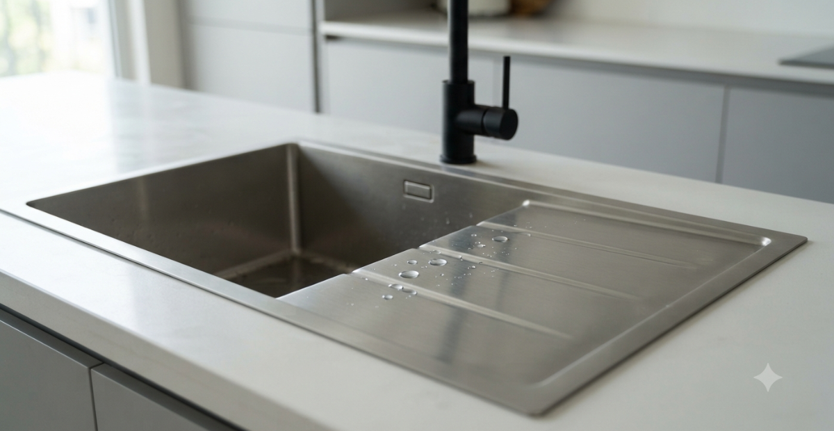 Close-up of an integrated SUS304 stainless steel drain board on a modern kitchen sink in a Dhaka apartment, showing water droplets channeling into the basin next to a matte black faucet.