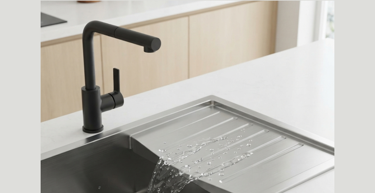 Modern SUS304 stainless steel kitchen sink with integrated drain board in a Dhaka apartment.