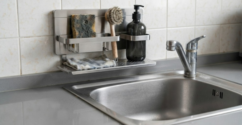 An organized kitchen sink area featuring a sleek stainless steel accessory holder and clear counter.
