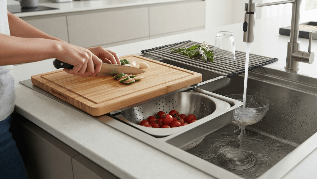 A person prepping food on a bamboo cutting board integrated into a stainless steel workstation kitchen sink with colander and drying rack, showcasing efficient kitchen space optimization.