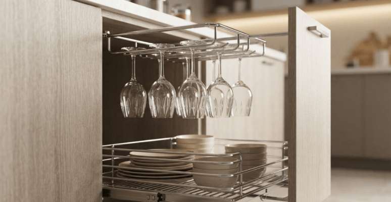 A close-up of premium stainless steel modular kitchen hardware installed in a cabinet, showcasing a wine glass holder rack with hanging glassware and a smooth pull-out basket for organizing tableware in a modern Bangladeshi kitchen.