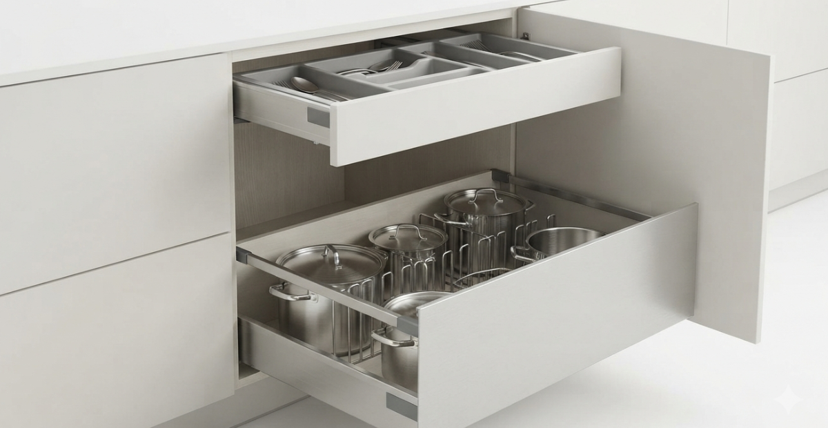 Close-up of modular kitchen cabinet accessories in BD, featuring pull-out drawers and thali plate organizers.
