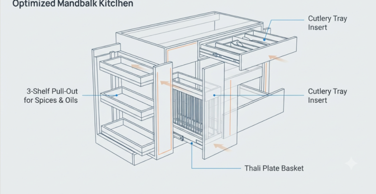 A technical UI wireframe diagram illustrating an optimized modular kitchen base cabinet, showing labeled zones for a 3-shelf pull-out, thali plate basket, and cutlery tray with movement arrows.