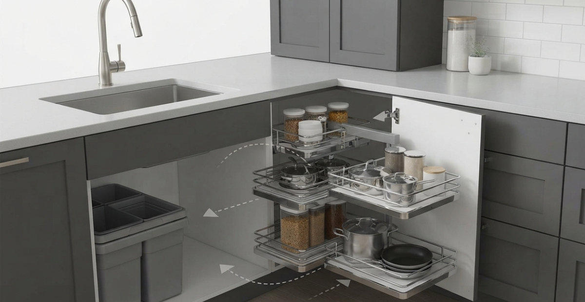 Technical diagram of a modern kitchen corner cabinet featuring a stainless steel magic corner pull-out system, adjacent to the sink area shown in image_0.png.