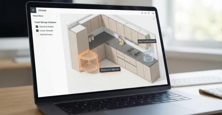 A digital kitchen planning interface displaying a 3D render of a modular kitchen layout focused on smart storage accessories.