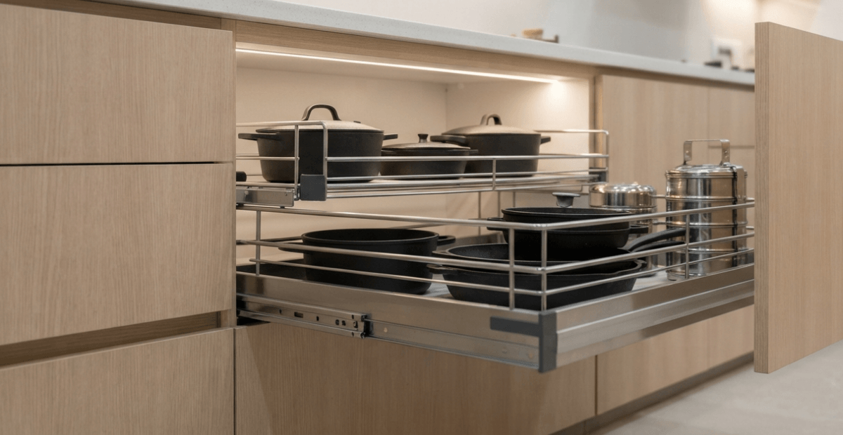 A close-up of a stainless steel kitchen drawer basket in a modern BD kitchen, fully extended and holding heavy pots, highlighting organization and soft-close functionality.
