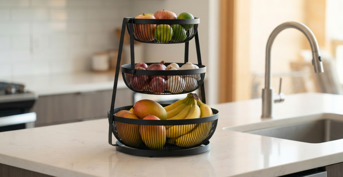 A matte black stainless steel multi-tiered fruit basket filled with fresh produce on a modern kitchen counter in Dhaka.
