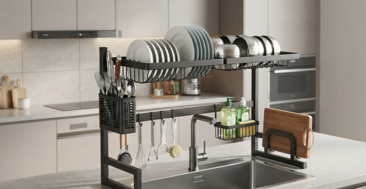 Premium stainless steel kitchen sink utility rack for smart modular kitchen storage.