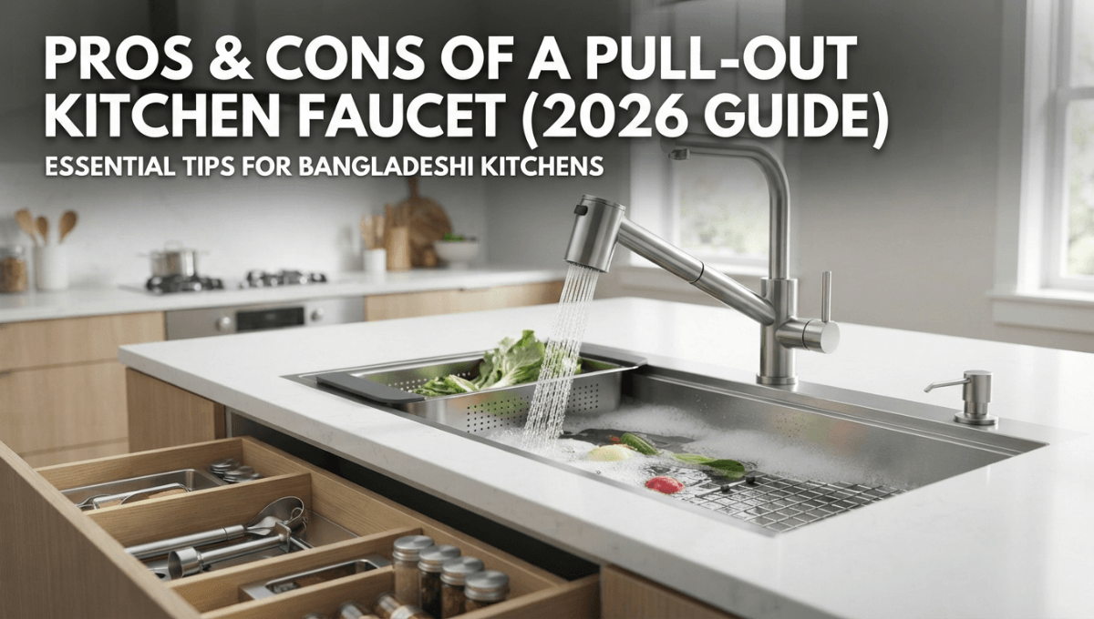 A modern stainless steel pull-out kitchen faucet in use over a deep sink with an integrated colander and grid, next to an open drawer organizer with cutlery and spice jars. Text overlay reads: "PROS & CONS OF A PULL-OUT KITCHEN FAUCET (2026 GUIDE)".