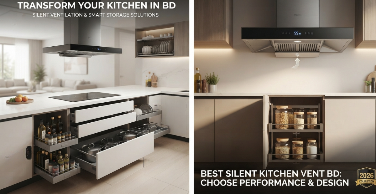 A sleek, modern kitchen interior in Dhaka featuring a premium glass quiet cooker hood, organized minimalist cabinets, and a family interacting peacefully while cooking.