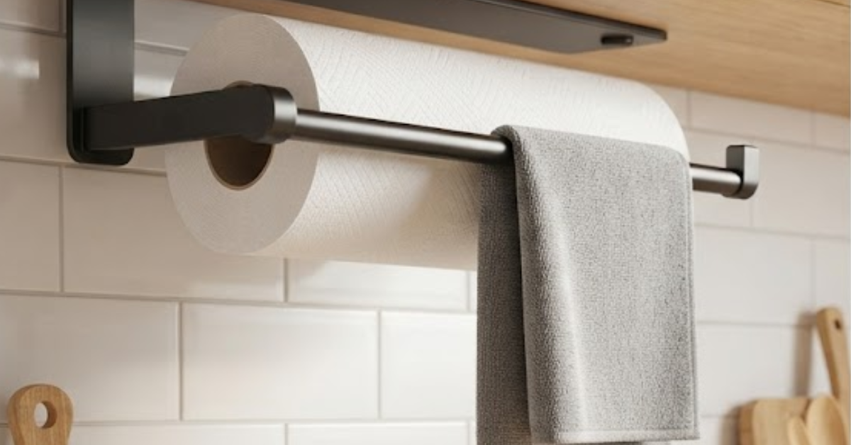 Space-saving paper towel holder for BD kitchen organization