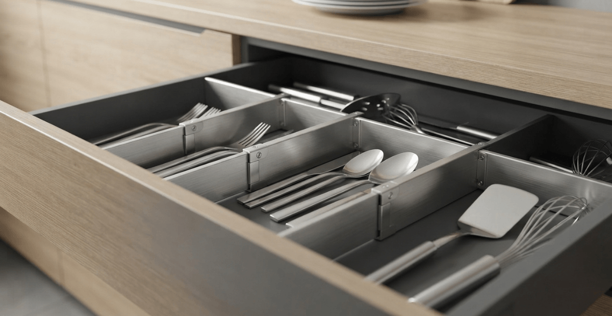 Modern stainless steel kitchen drawer partition system organizing cutlery in a luxury apartment kitchen.