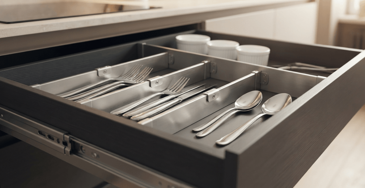 Modern kitchen drawer partition system organizing steel cutlery in a premium apartment kitchen.