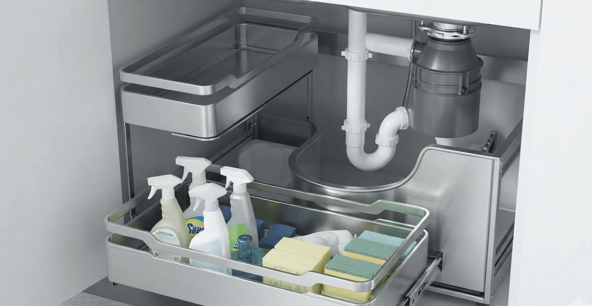 Premium SUS304 stainless steel under sink storage basket engineered to fit around PVC plumbing in a Bangladeshi kitchen.