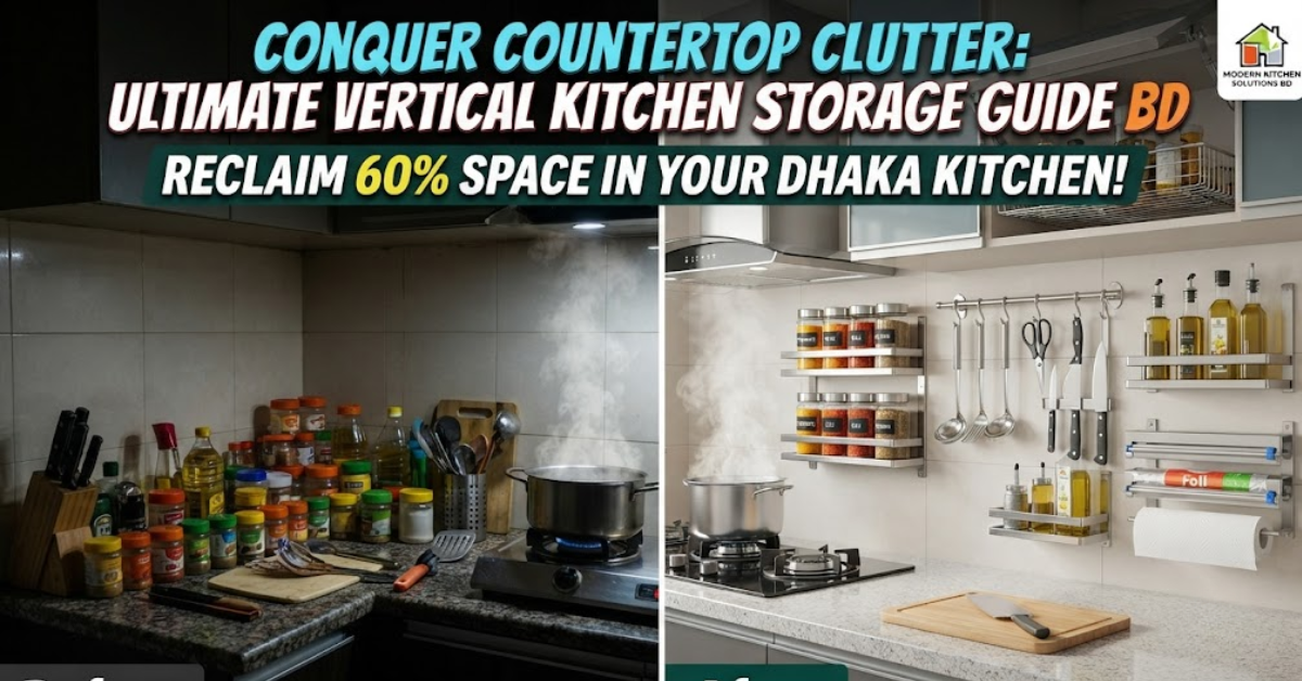 Before and after Dhaka kitchen transformation showing wall-mounted stainless steel spice racks clearing counter clutter.