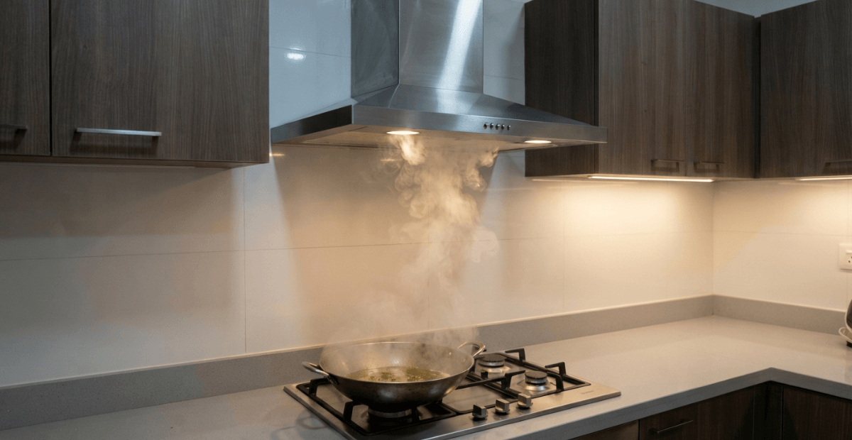 A stainless steel wall-mounted T-shape chimney hood actively extracting cooking smoke and vapor from a gas stove in a modern Bangladeshi kitchen.