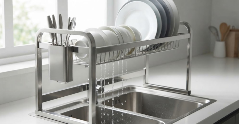 Modern stainless steel over-sink space saving dish rack in a clean kitchen layout.