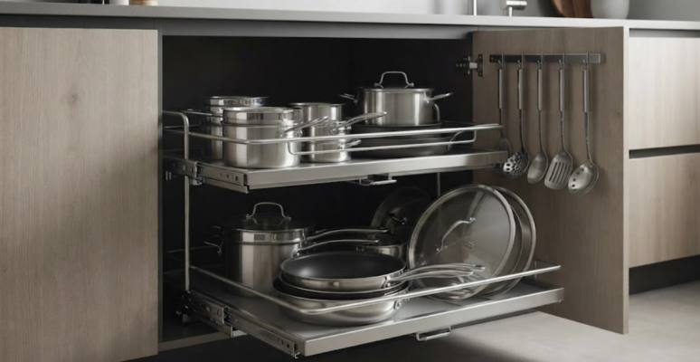 Heavy-duty stainless steel pull-out system inside a kitchen base cabinet holding pots and pans.