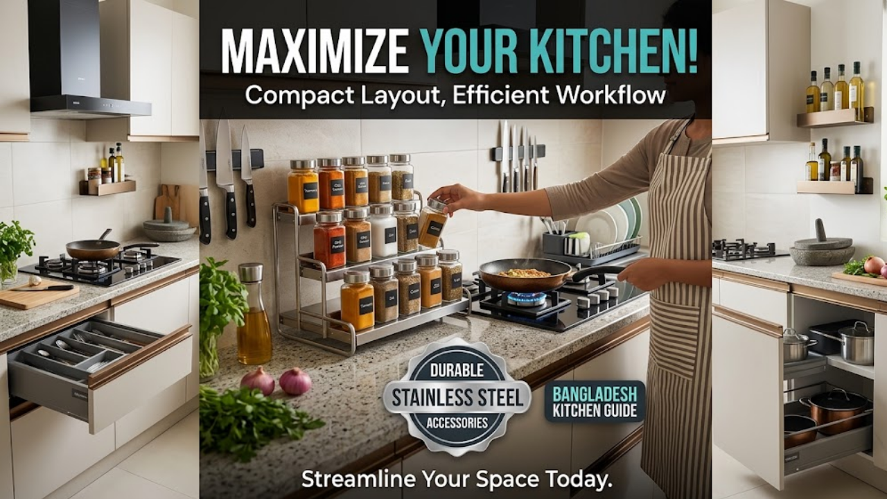 Compact stainless steel spice rack & modular storage in a modern kitchen design.