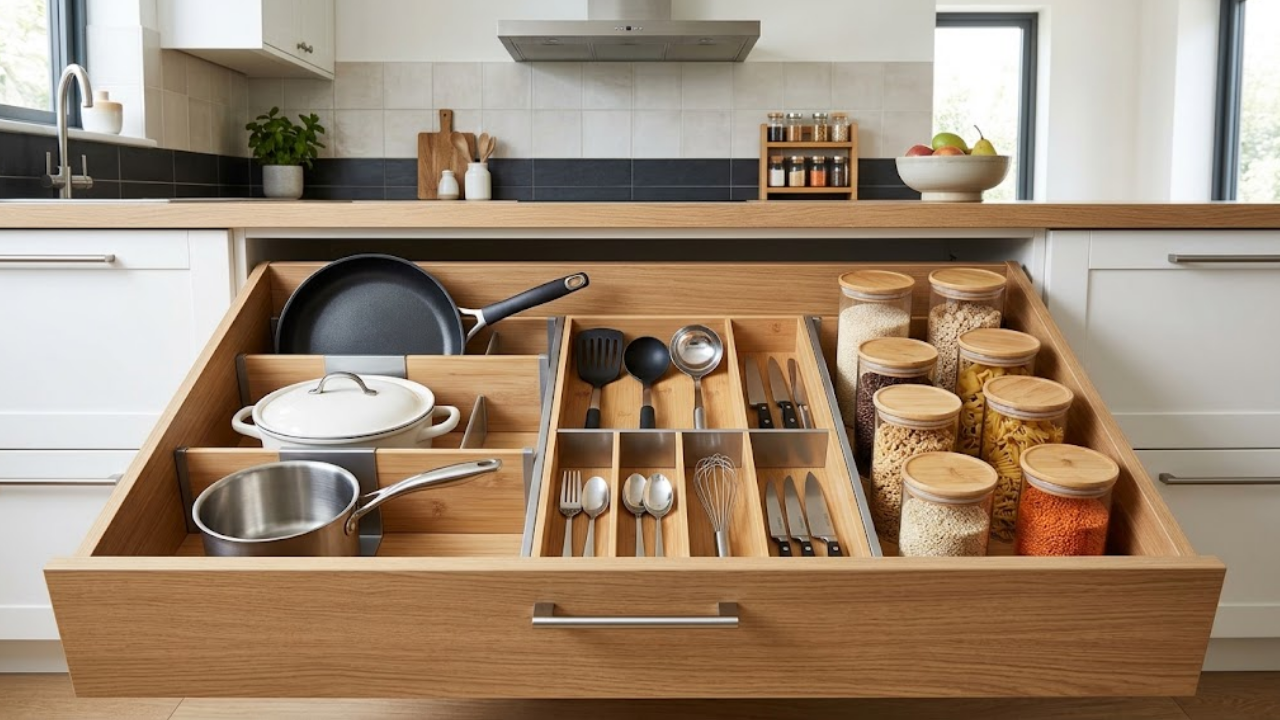 Organized deep kitchen drawer with wood dividers for pots, pans, utensils, and food jars
