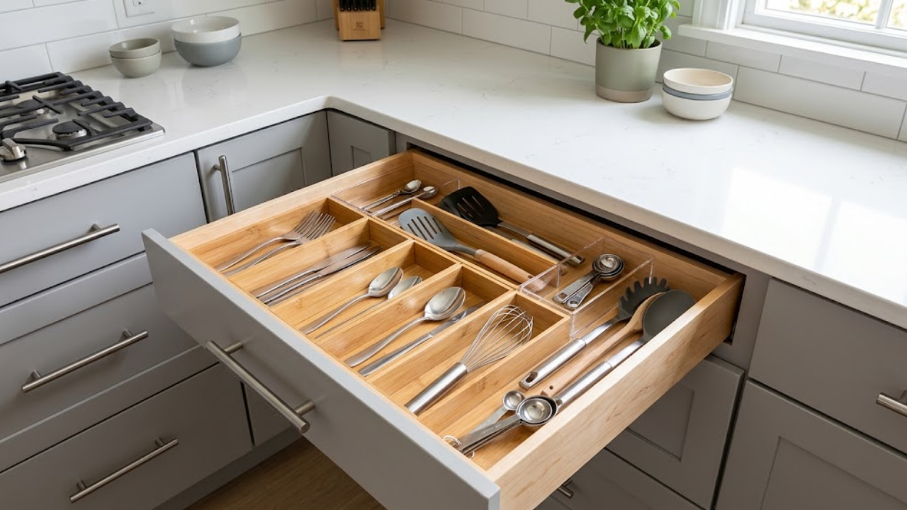 Organized kitchen drawer with wooden dividers for cutlery and utensils.