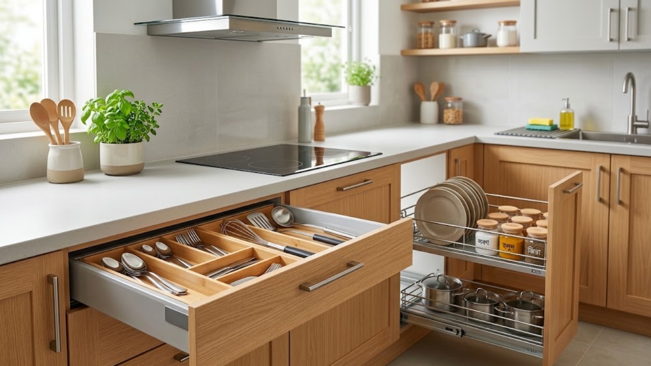 Modern organized kitchen with bamboo cutlery drawer and pull-out rack